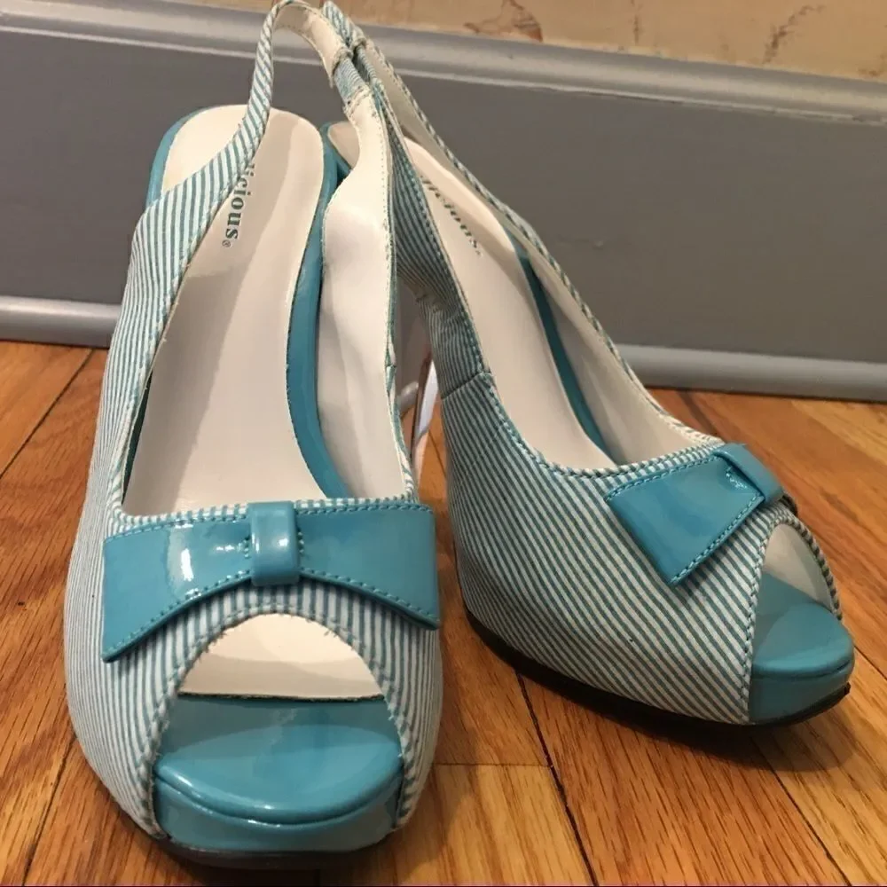 Turquoise white pin stripe slingback peeptoe heels